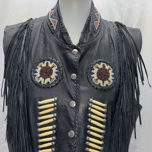 Vtg Tribal America Beads & Fringe Native black leather biker vest XXL - Picture 2 of 10